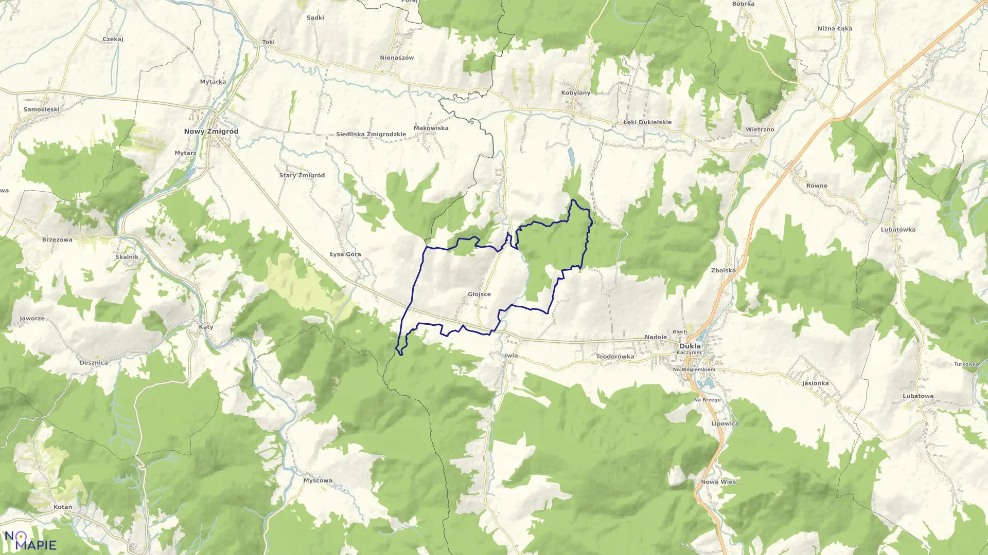 Mapa obrębu Głojsce w gminie Dukla