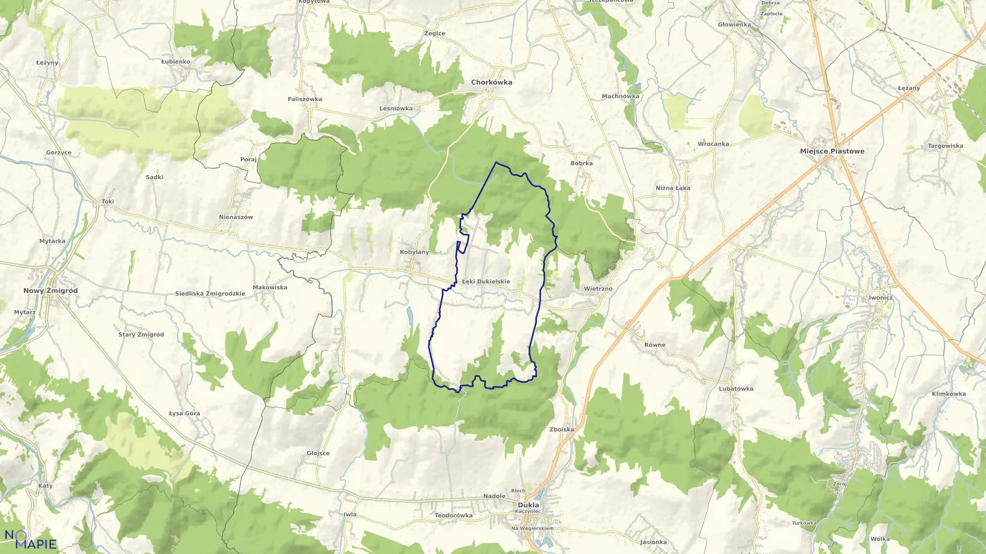 Mapa obrębu Łęki Dukielskie w gminie Dukla