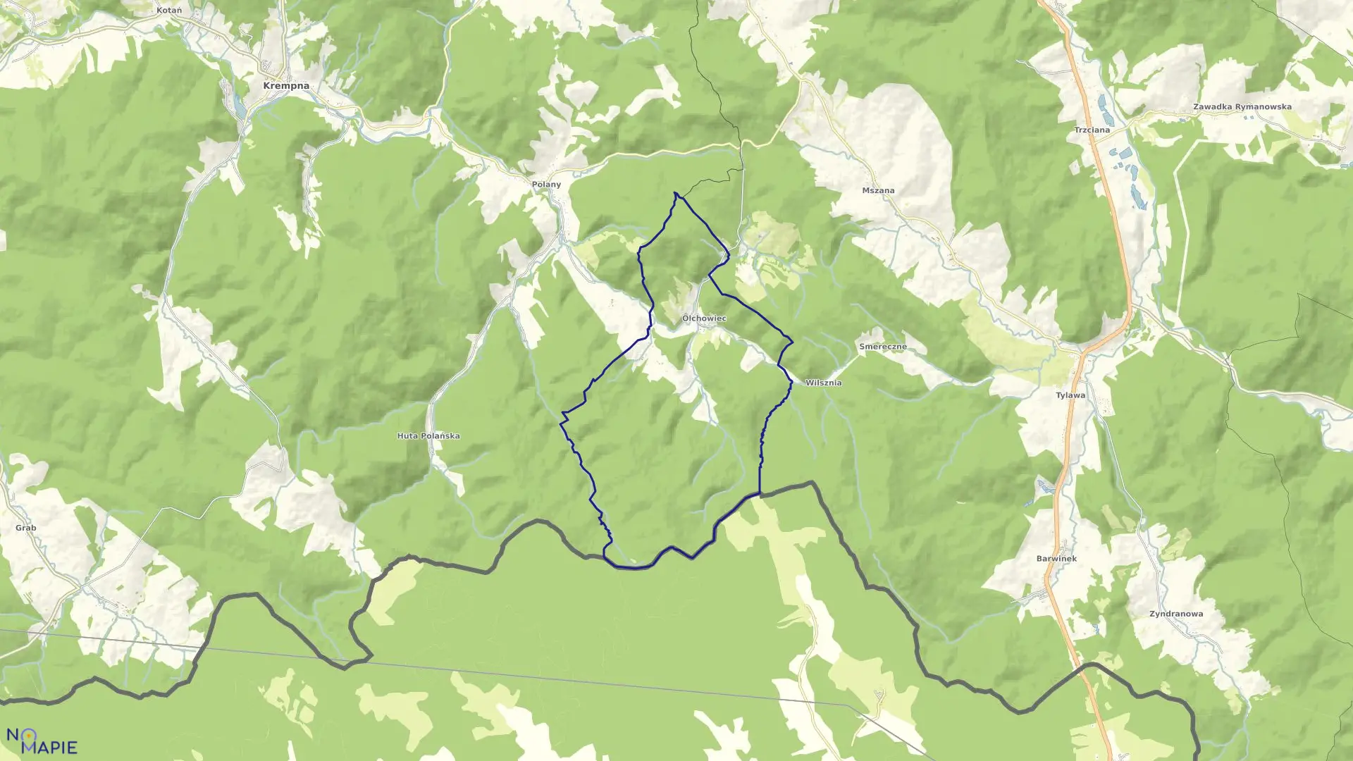 Mapa obrębu Olchowiec w gminie Dukla